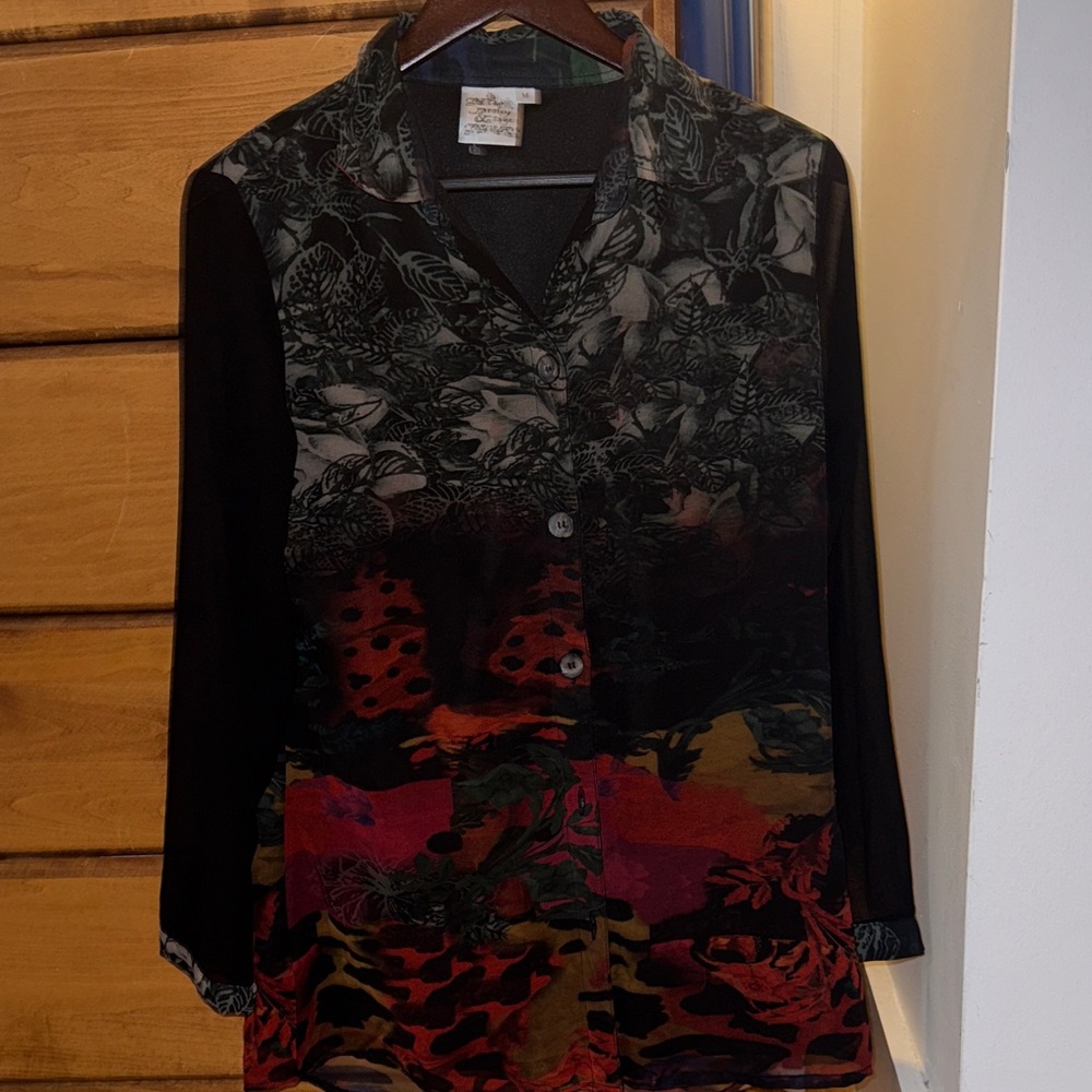 Vintage Women's gothic Black and red button down semi- sheer shirt
